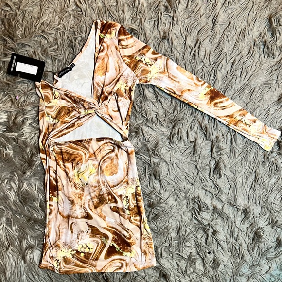✨Brown Marble Print One Shoulder Cut Out Dress✨ - Picture 1 of 4